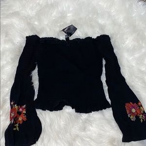 smocked flowy sleeve off the shoulder top